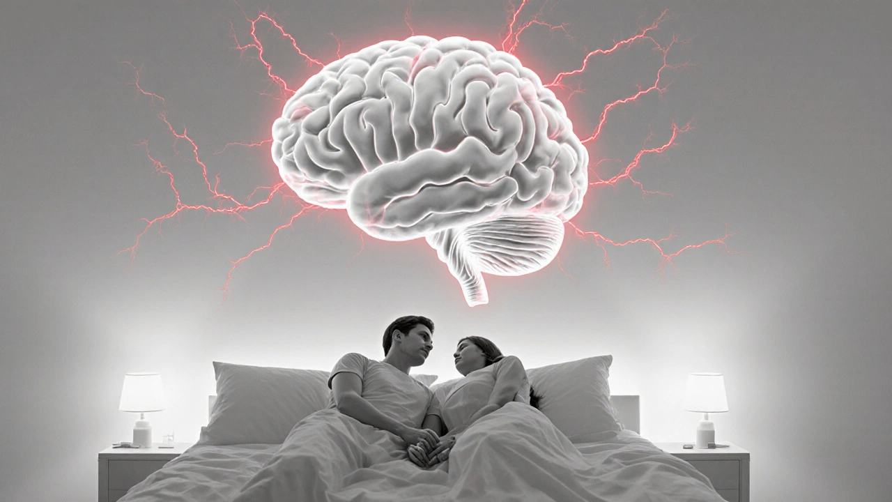 A grayscale brain with subtle colored spark alongside a relaxed couple, symbolizing combined treatment future.
