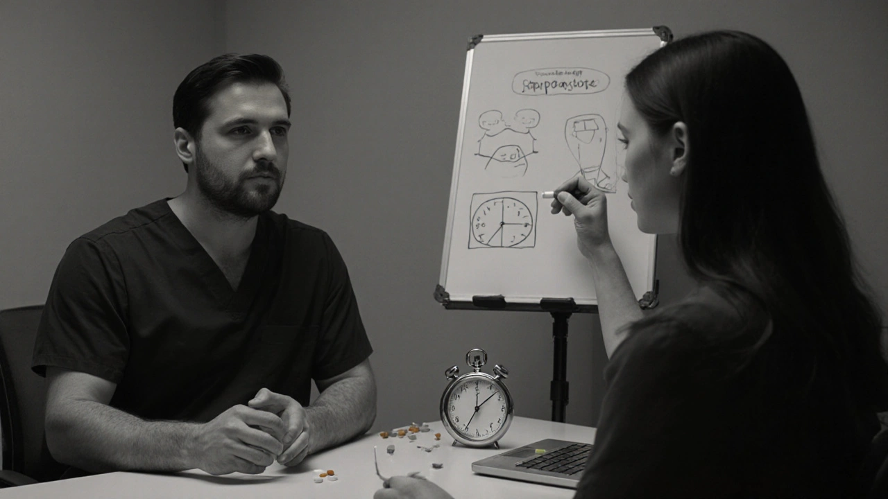 A man taking dapoxetine beside a therapist demonstrating a stop‑start technique, shown in muted tones.