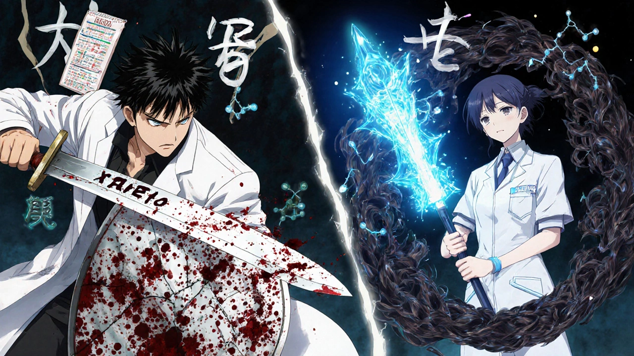 A warrior with Xarelto battles blood splatter while a medic with Eliquis neutralizes clot vortices.