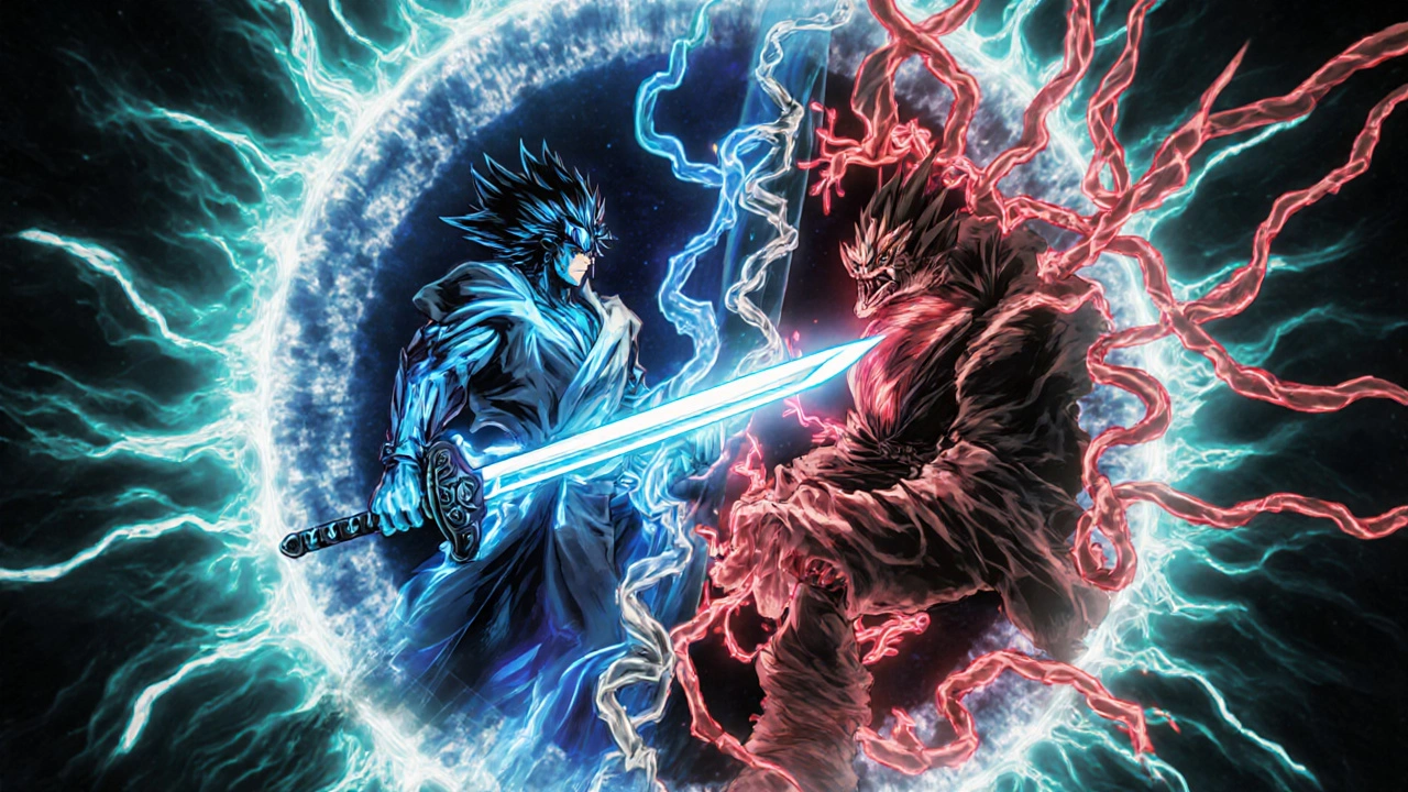 Animated battle inside a bacterial cell with a hero drug cutting DNA enzymes, illustrating dual action.