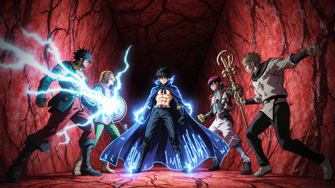 Anime heroes representing different calcium‑channel blockers face off in a red arterial tunnel.