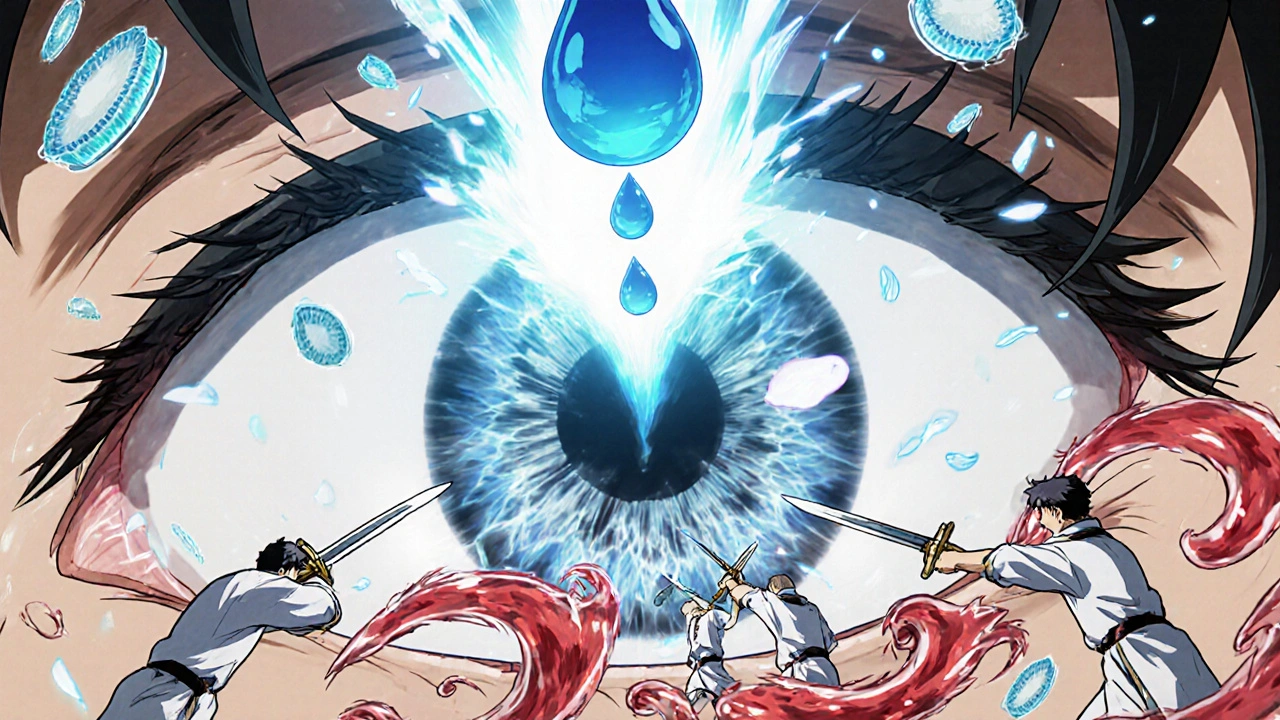 Battle inside an eye where white cells fight histamine monsters as a medicine drop strikes down allergens.