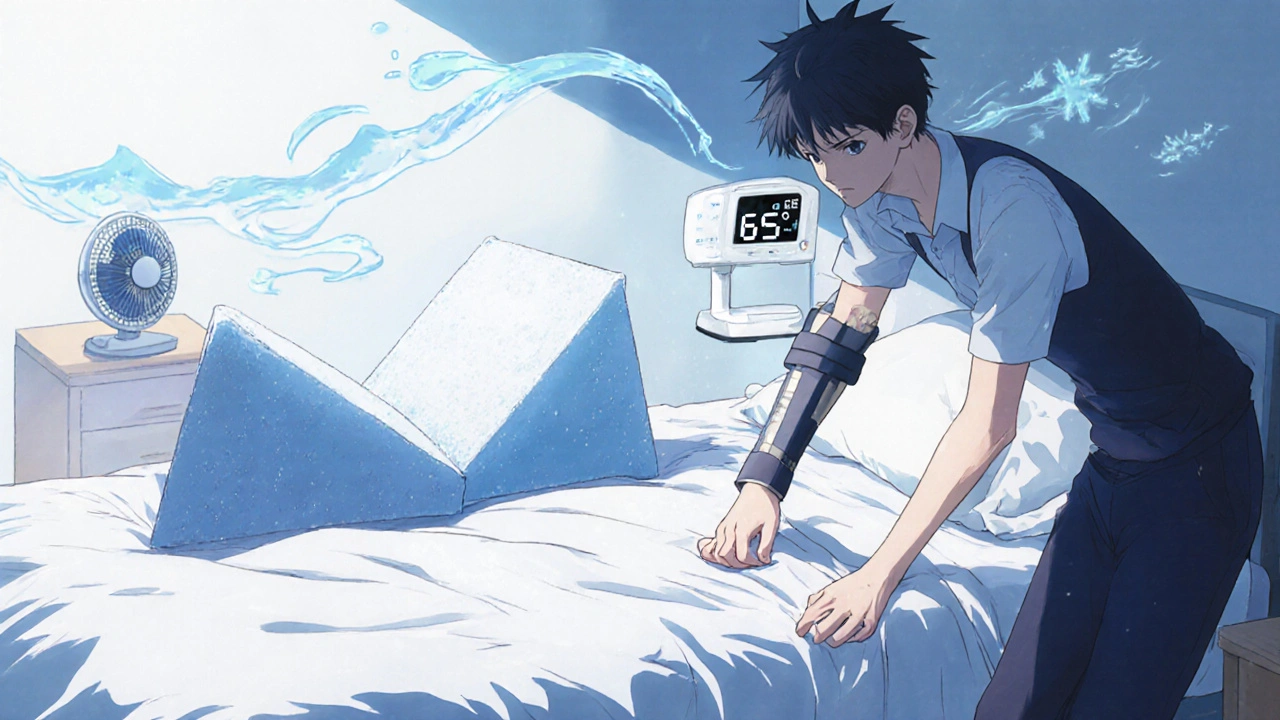 Bedroom setup with elevated arm, night splint, and cool thermostat.