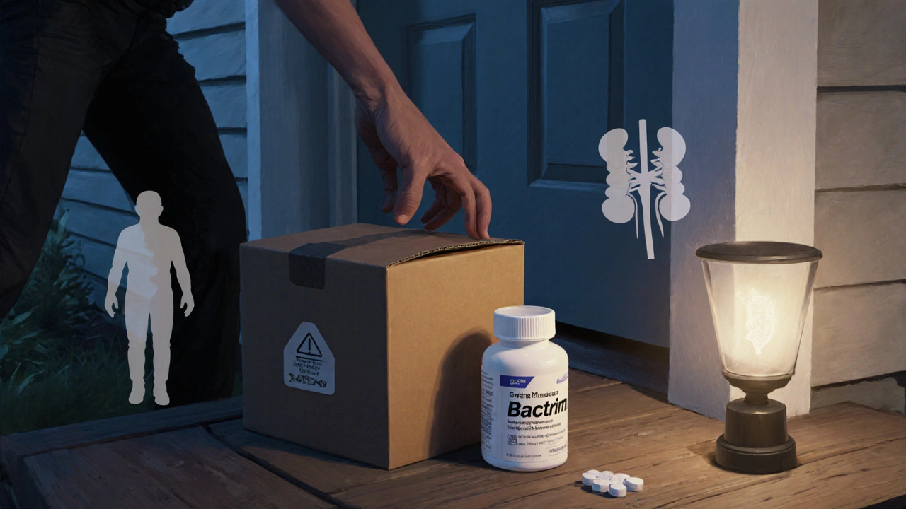 Close‑up of delivered medication bottle being examined for authenticity.