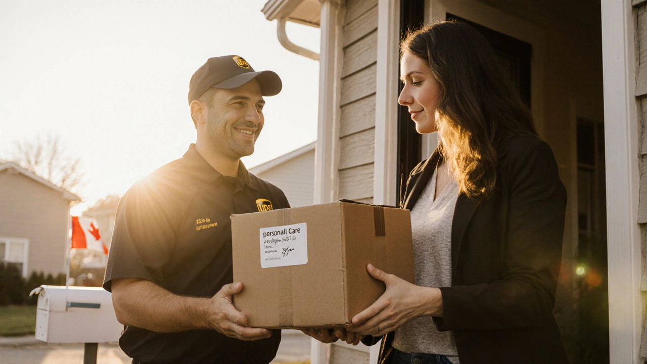 Delivery person handing a plain box labeled personal care at a sunrise doorstep.