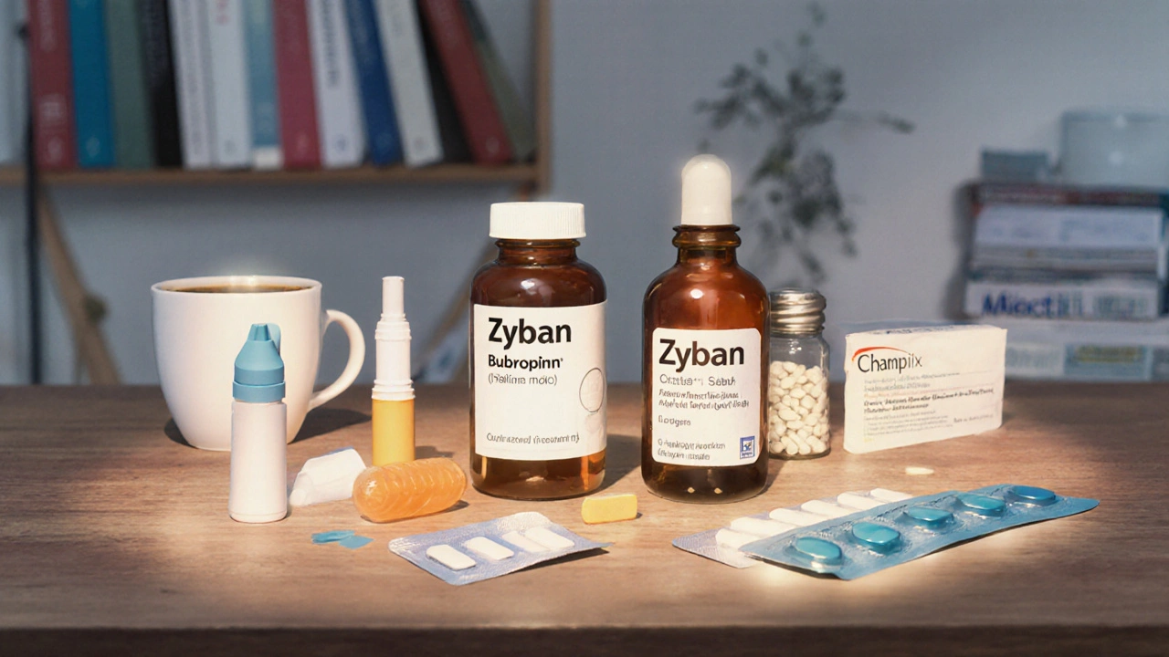 Desk layout showing various smoking‑cessation products, including Champix and Zyban.