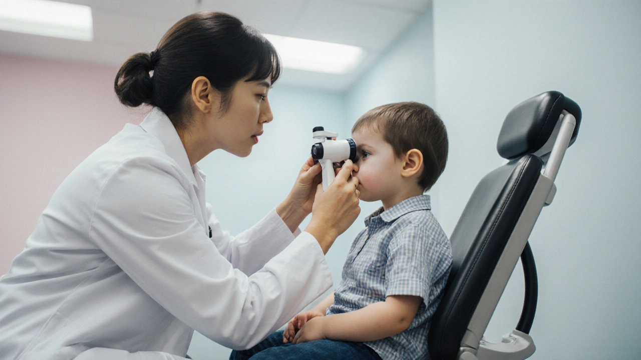 Doctor using a handheld tonometer on a toddler in an eye exam room.