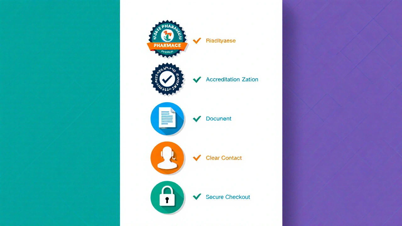 Flat illustration of checklist icons for safe online pharmacy steps.