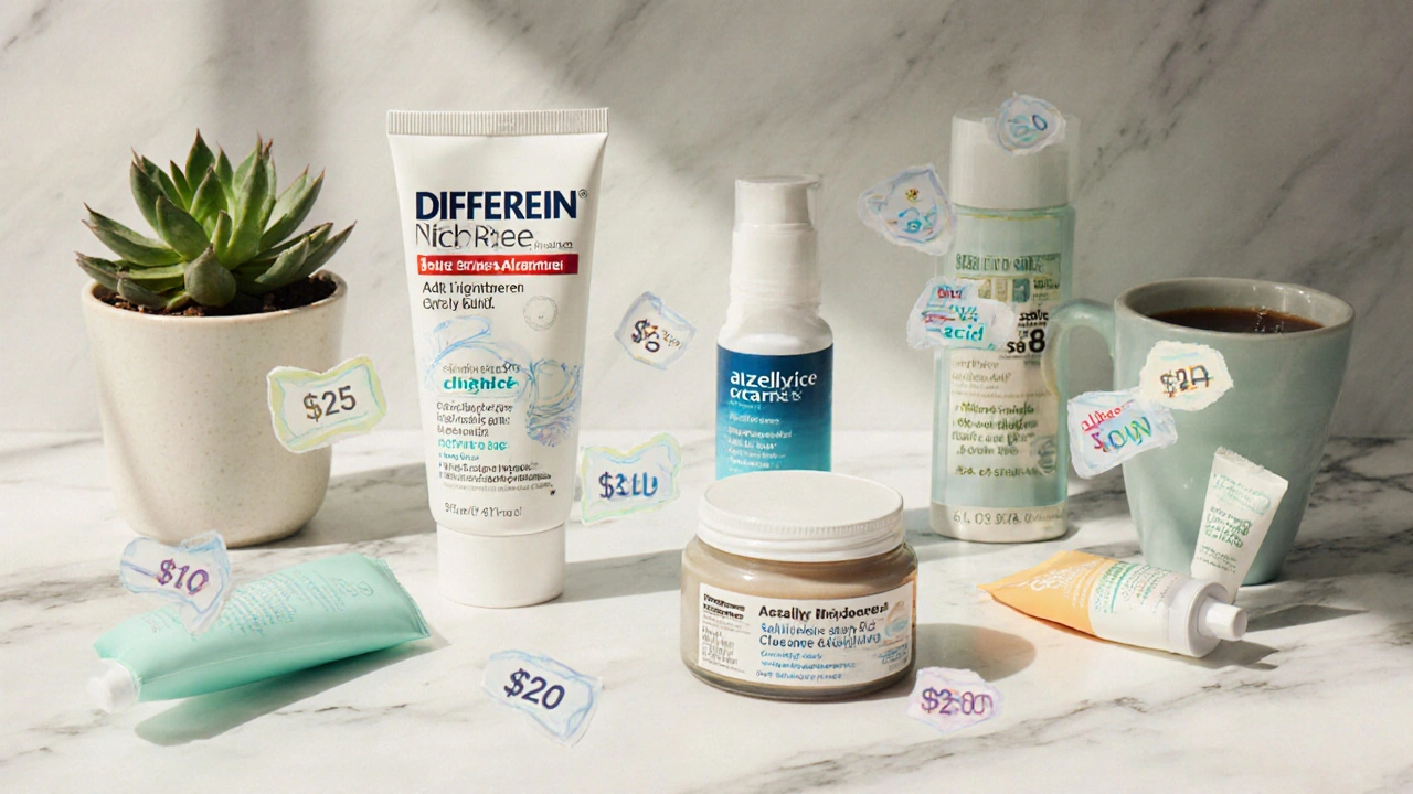 Flat‑lay of various acne treatments with price tags under morning light.