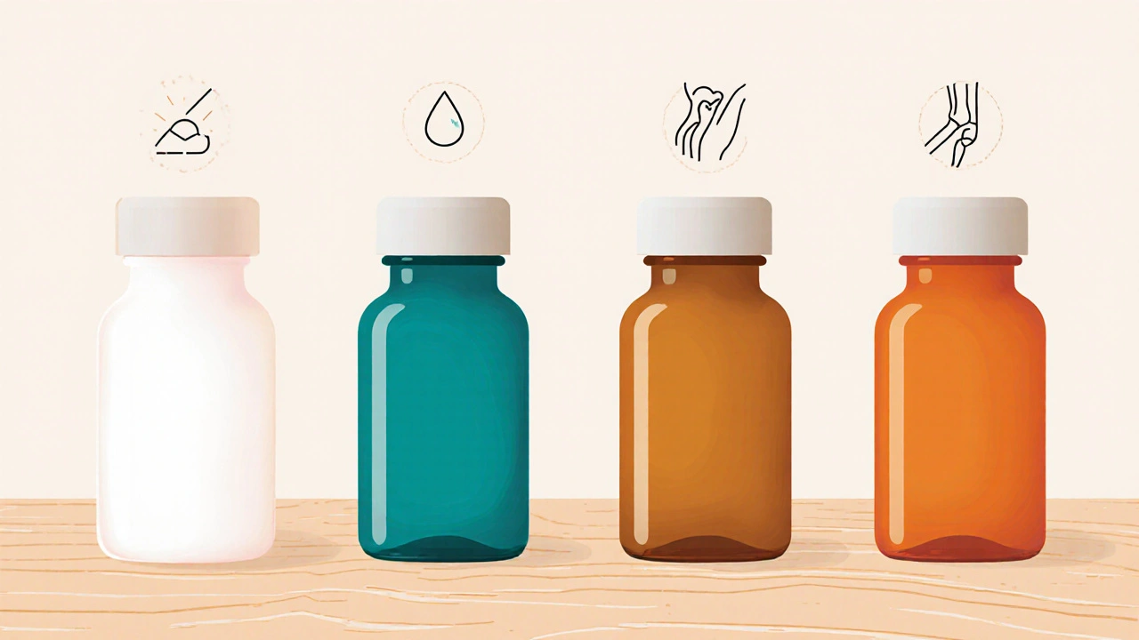 Four pastel-colored pill bottles with simple icons representing different meds.