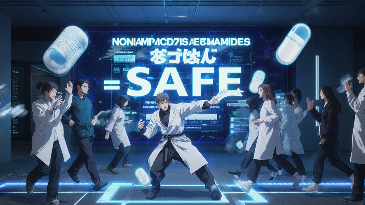 Futuristic hospital with holographic safety alerts and a medical ninja performing a test in anime style.