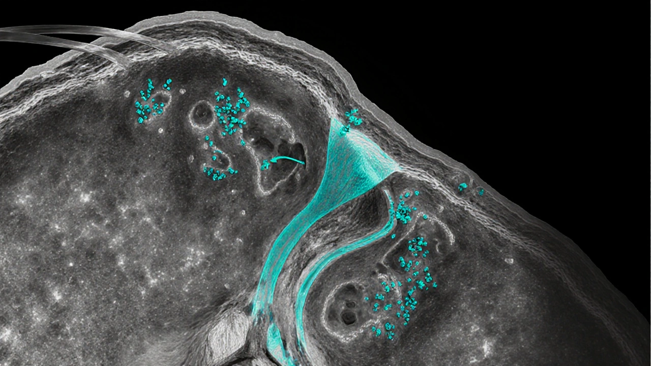 Gray spinal cord cross‑section showing Tizacare binding to alpha‑2 receptors.