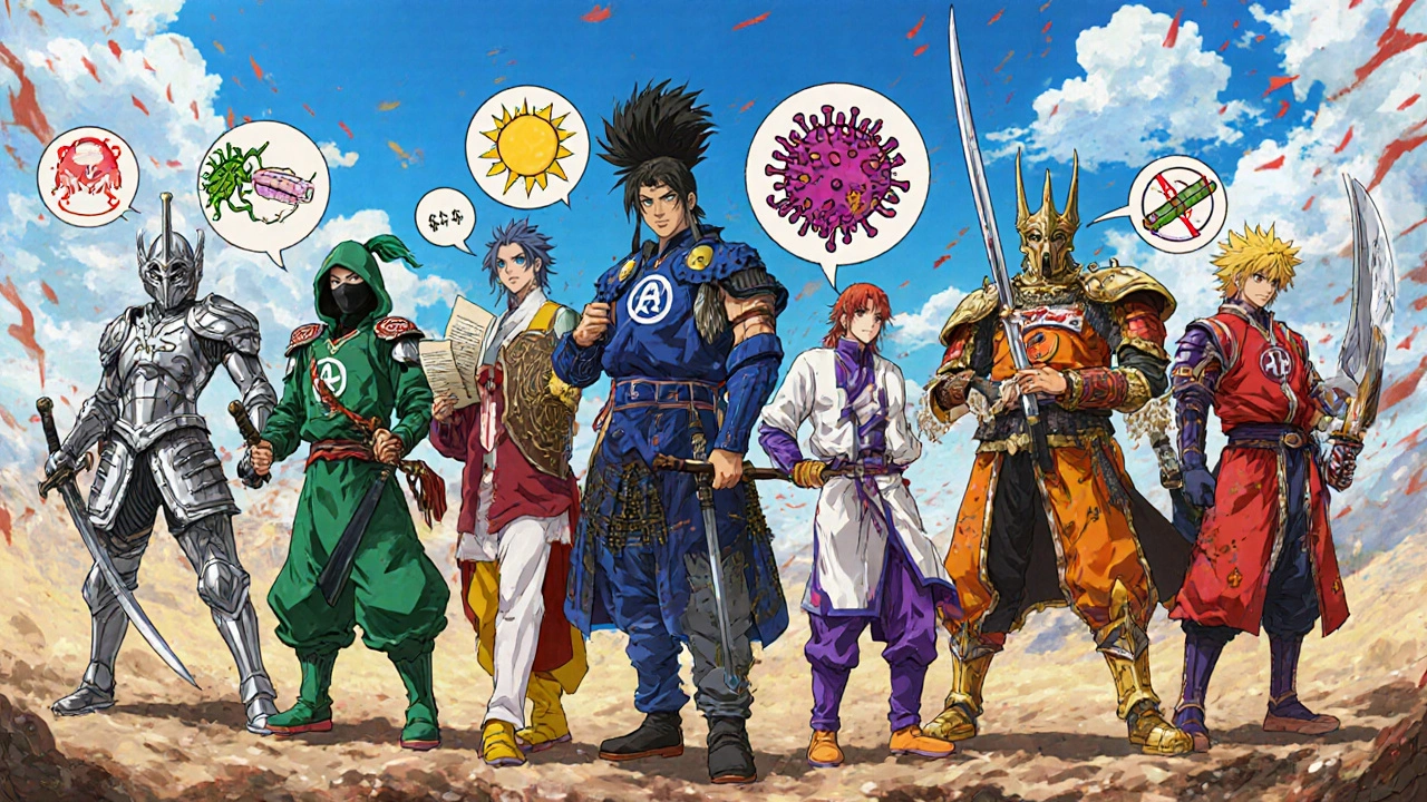 Group of anime characters representing different drugs, each with unique armor and symbols, standing in battle formation.