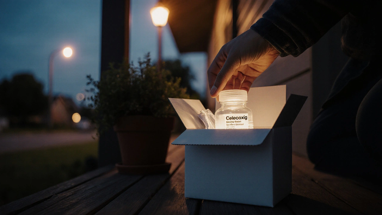 Hand picking up a discreet white delivery box revealing a pill bottle.