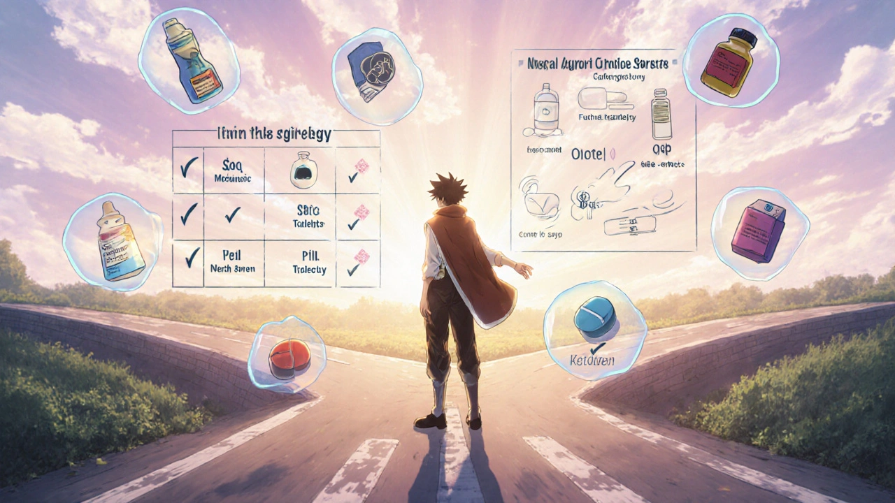 Hero at a crossroads choosing between allergy treatments, with icons for pills, spray, and eye drops and a decision board.