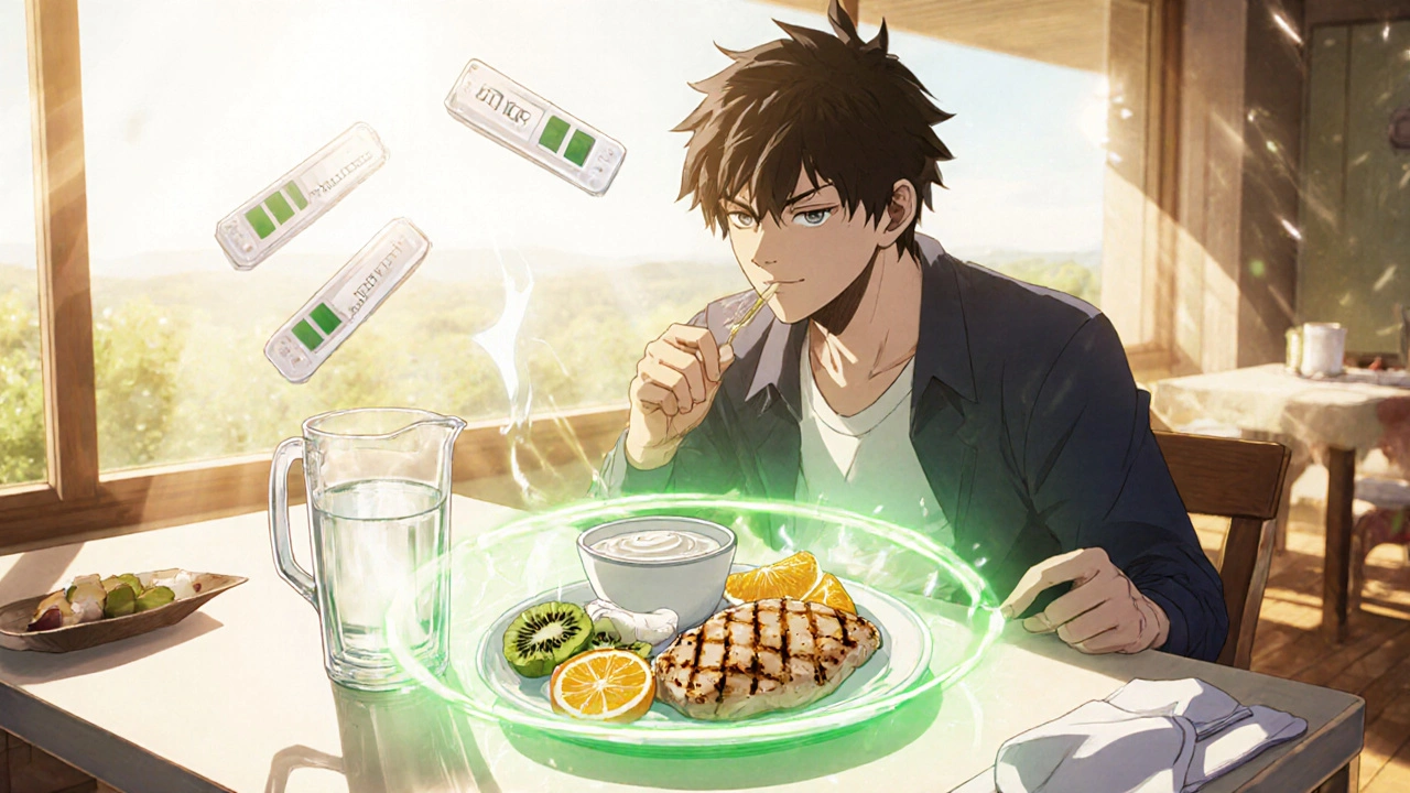 Hero enjoys balanced meal of chicken, yogurt, fruit and water, symbolizing gout control.