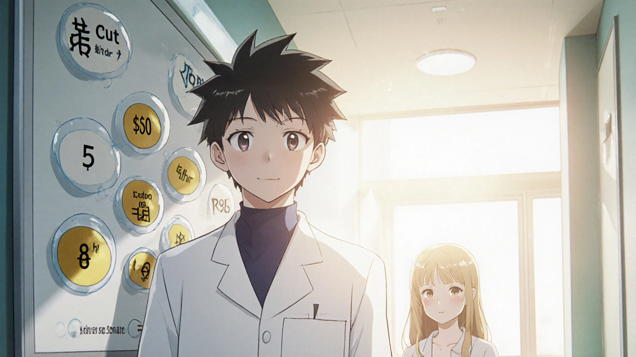 Hero stands before decision board highlighting Cyclogyl's benefits, patient with dilated pupils smiling.