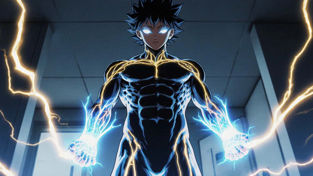 Hero stands on a glowing silhouette, showing radiant nerves after Neurobion Forte treatment.
