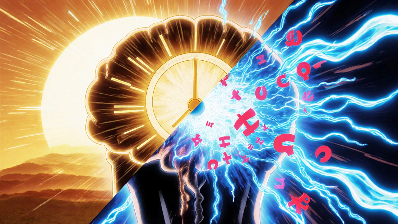 Illustration of a disrupted circadian clock with glowing brain and clashing light symbols.