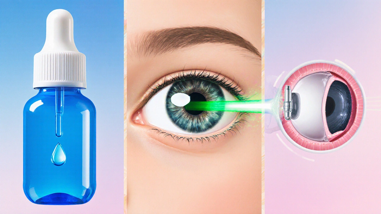 Illustration of eye drops, laser therapy, and tiny eye surgery implant for glaucoma.