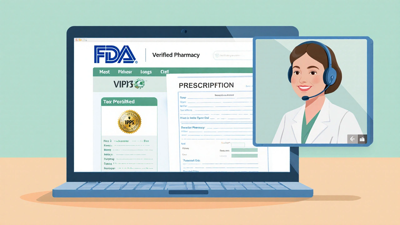 Laptop screen showing FDA and VIPPS seals with a telehealth video call.