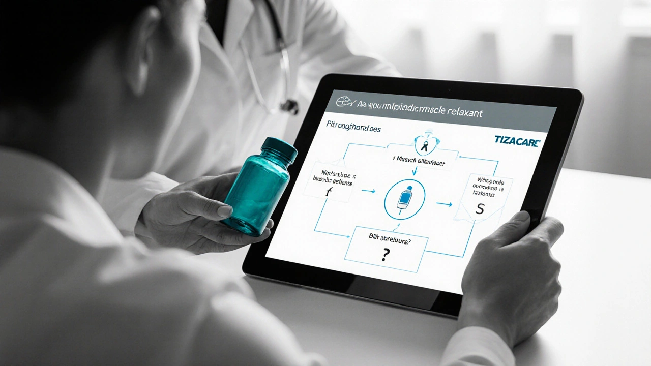 Patient reviewing a flowchart with doctor handing a teal‑highlighted Tizacare bottle.