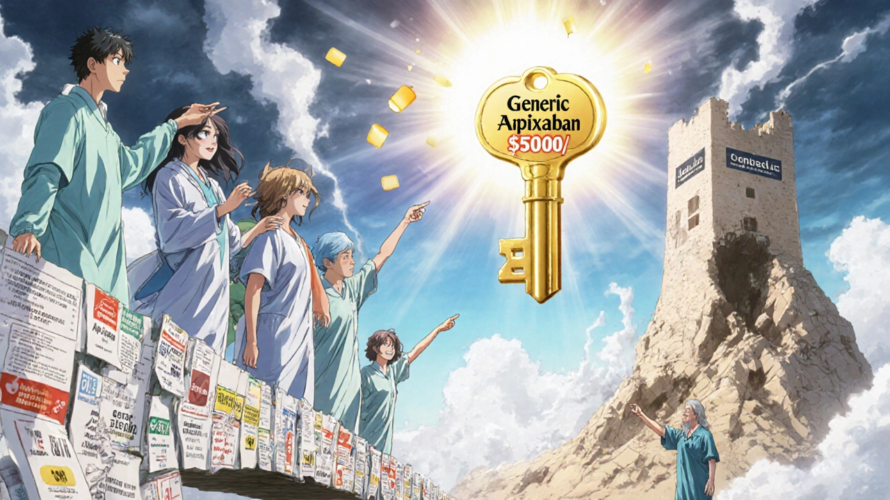 Patients reach for a glowing key labeled 'Generic Apixaban' as a costly brand-name tower crumbles behind them.