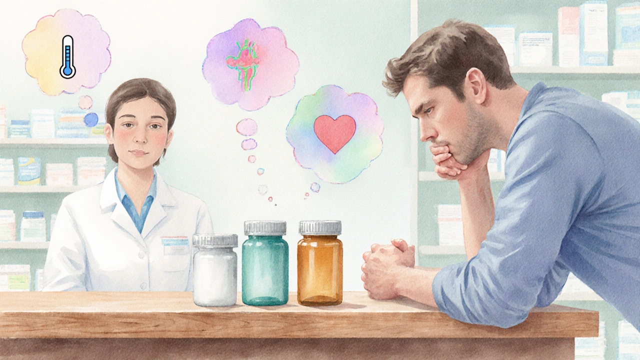 Person at pharmacy counter contemplating medication options, depicted in watercolor.