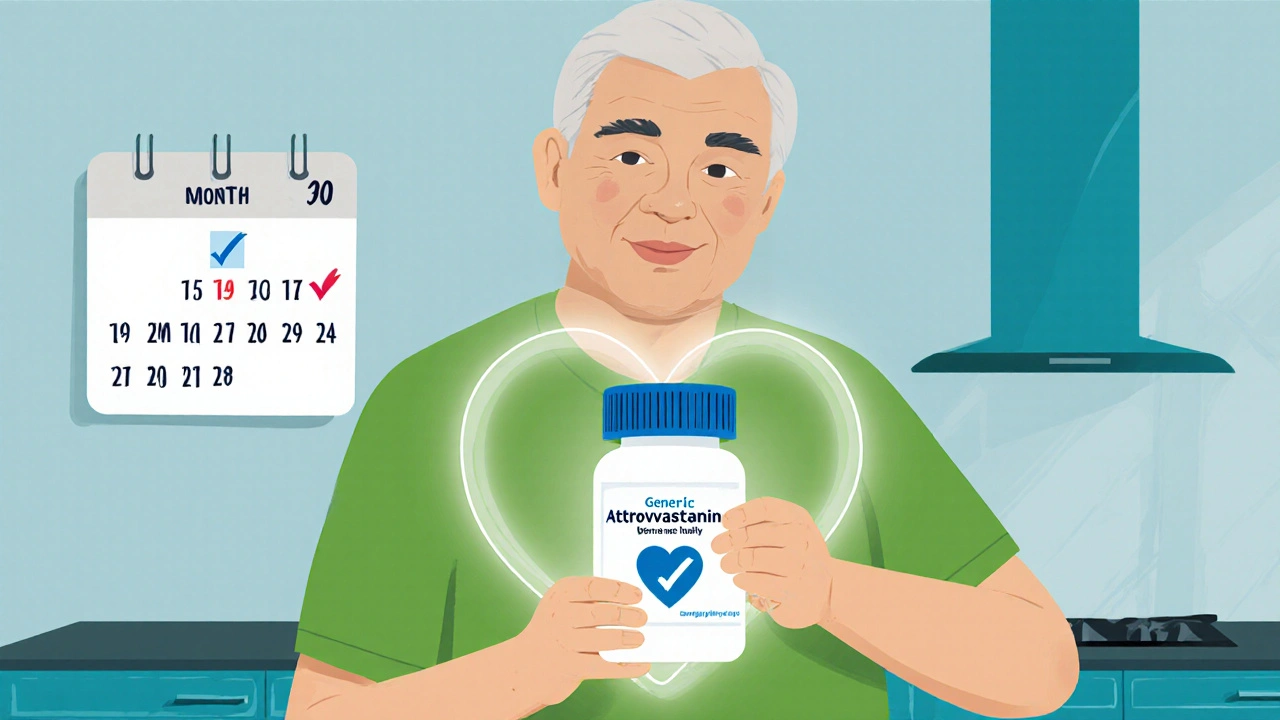 Person holding a generic statin bottle with a glowing heart and a 30‑day calendar, symbolizing health.