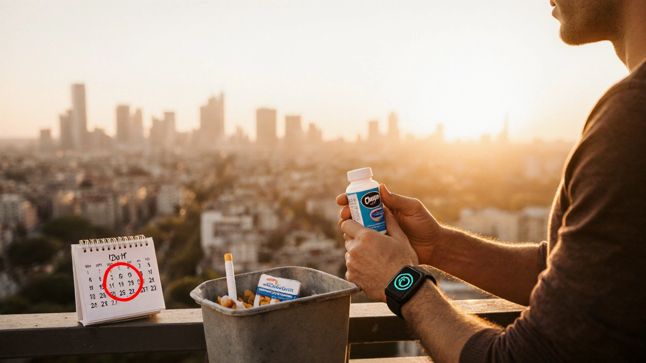 Person holds Champix bottle on balcony sunrise, with discarded cigarettes and quit date.