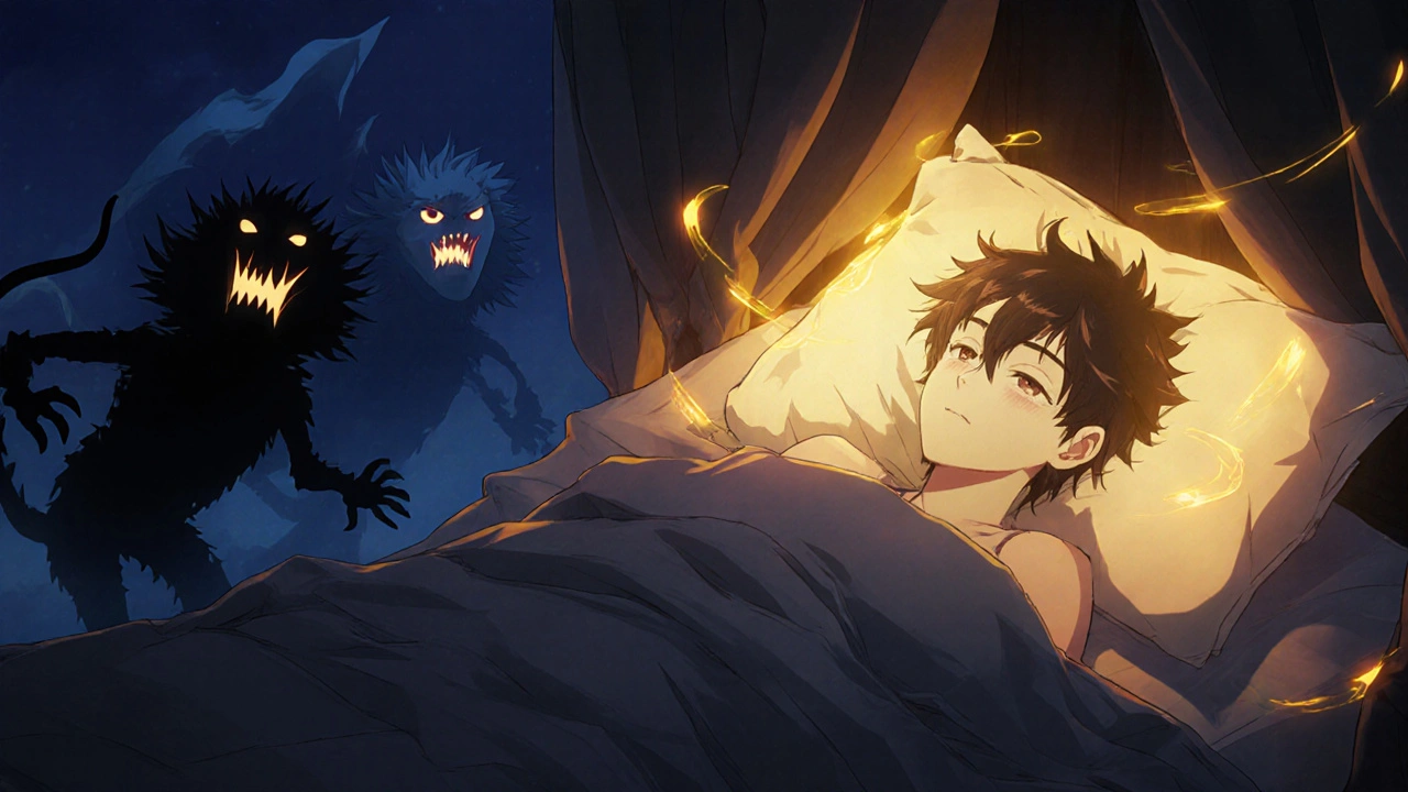 Person sleeping peacefully as golden cinnarizine energy repels shadowy migraine monsters.