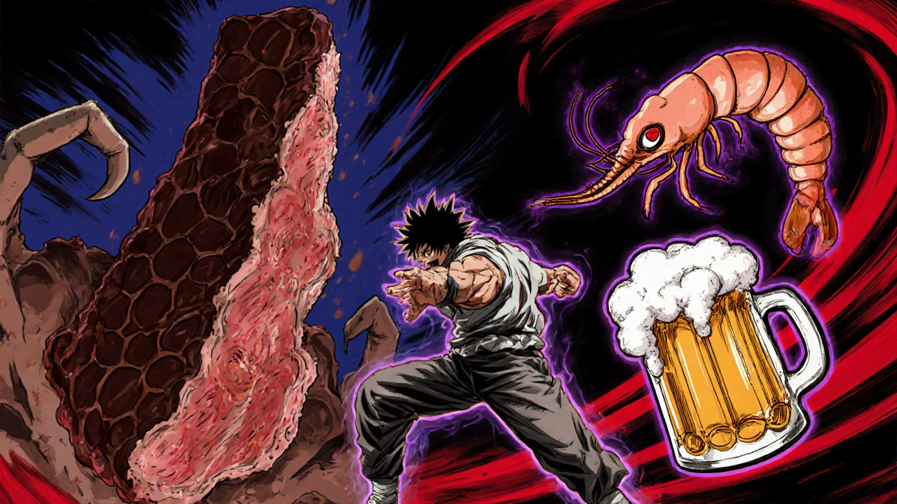 Protagonist battles exaggerated steak, shrimp, and beer villains representing high‑purine foods.