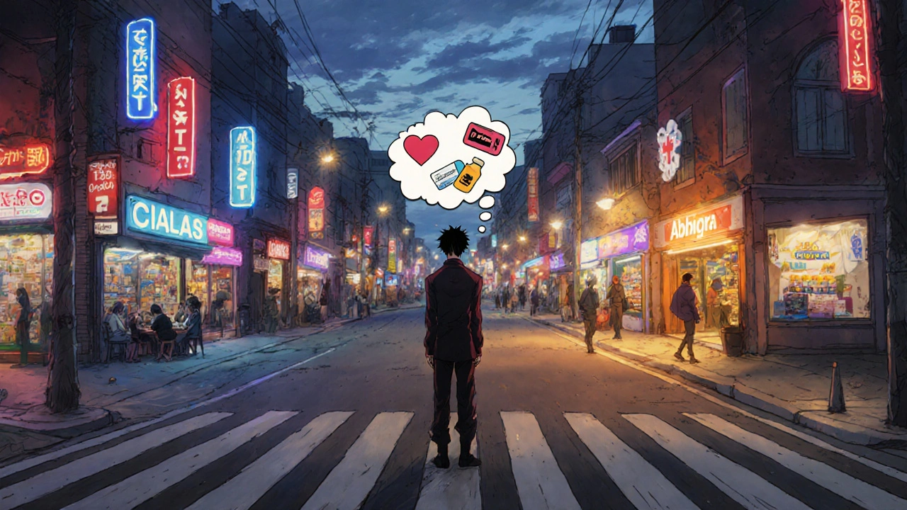 Protagonist stands at a dusk crossroads choosing between different medication paths.