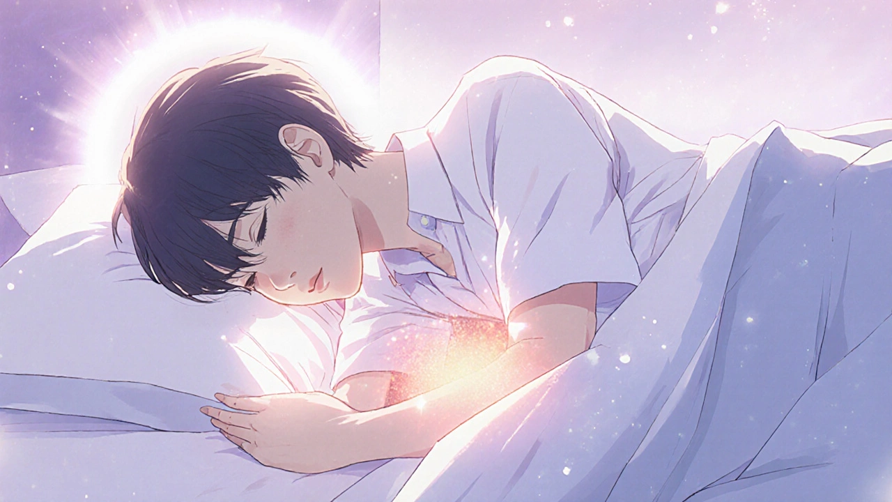 Relaxed sleeper surrounded by gentle glow after using pain‑relief tips.