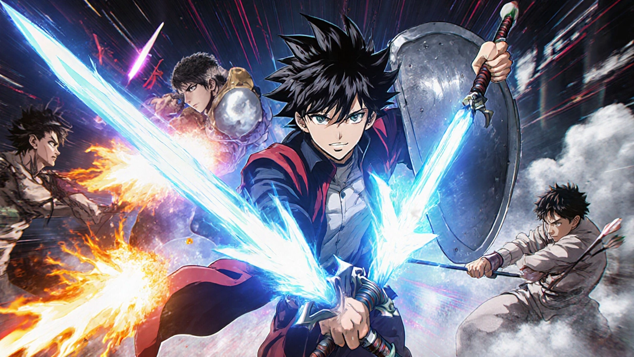Shounen‑style battle inside a body, Ketotifen hero with dual sword fights drug characters representing alternatives.
