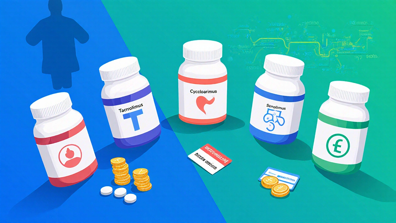 Six pill bottles labeled for different immunosuppressants with cost icons.