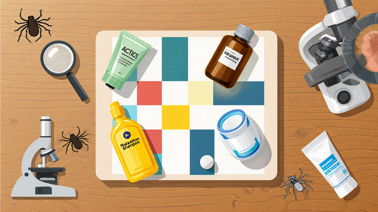 Six treatment bottles and a pill on a table with a microscope and cartoon mite.