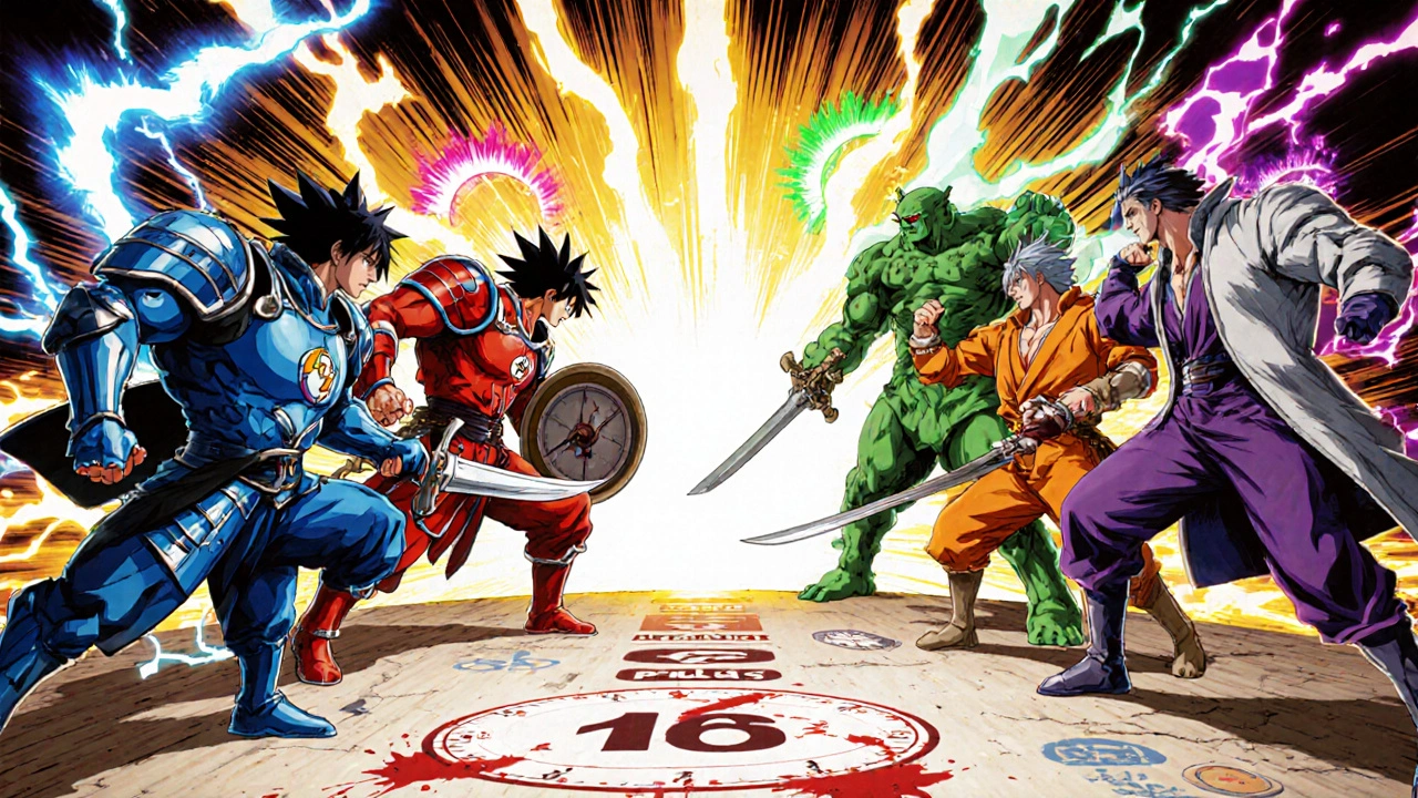 Six warriors representing different ED drugs battle, each showing their unique traits.
