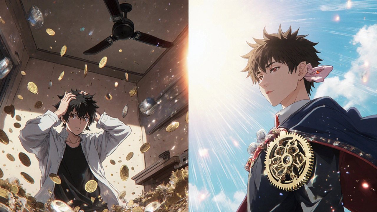 Split scene: one side dizzy in a spinning room, other side steady with inner ear gears working smoothly.