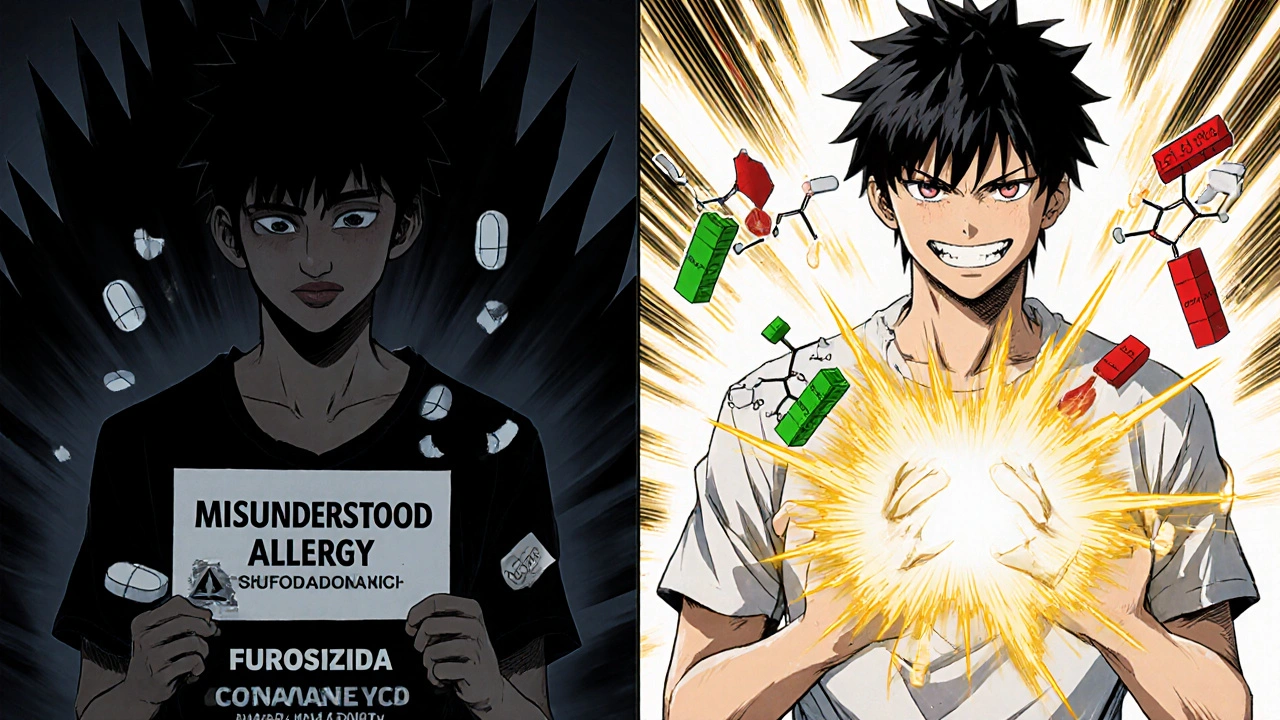 Split scene showing fear of false allergy versus confidence with safe drugs in shounen anime style.