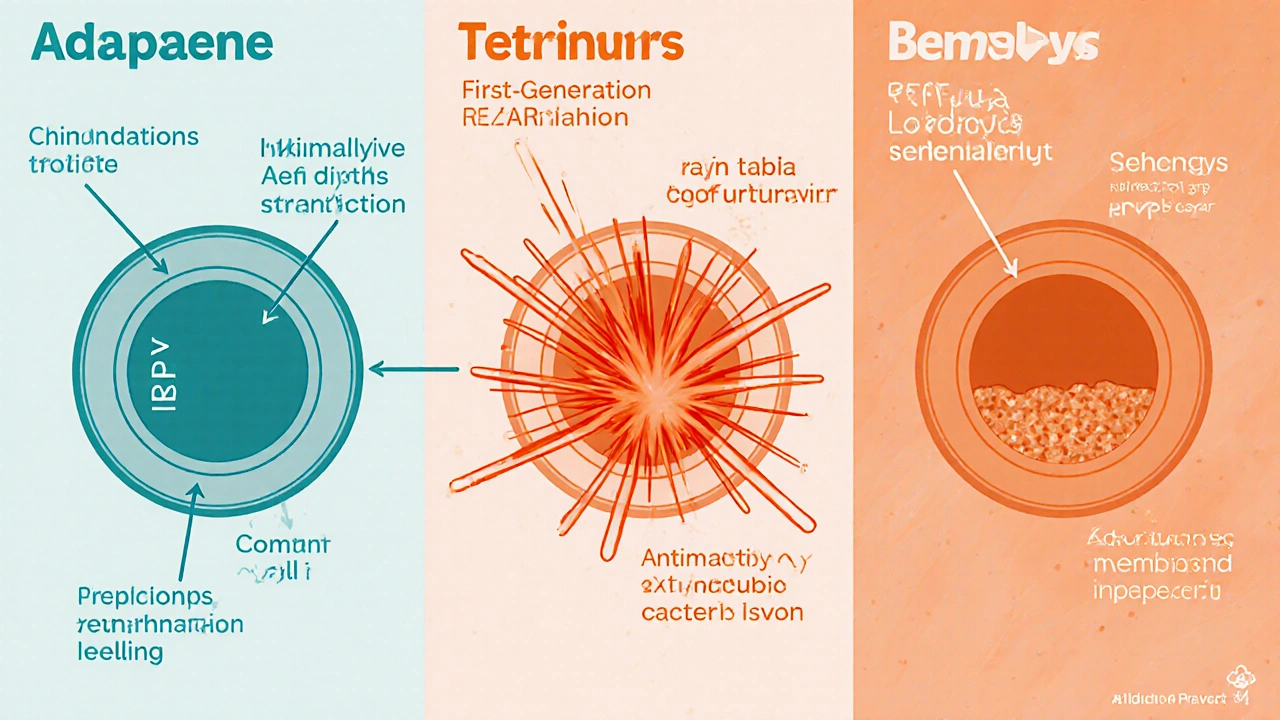 Split‑screen illustration comparing adapalene, tretinoin, and benzoyl peroxide mechanisms in a skin pore.