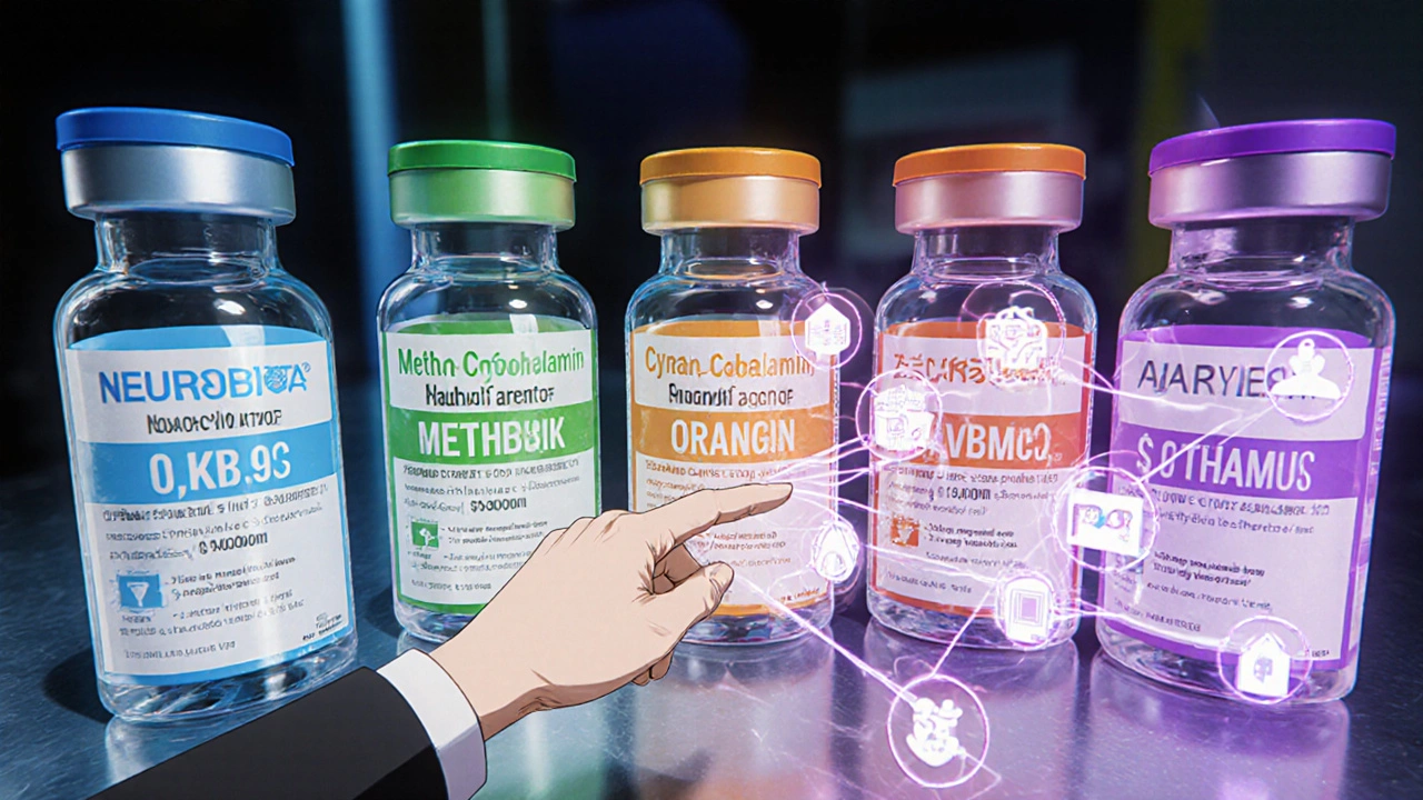 Split-screen of five B‑vitamin injection bottles with a hero pointing at their details.