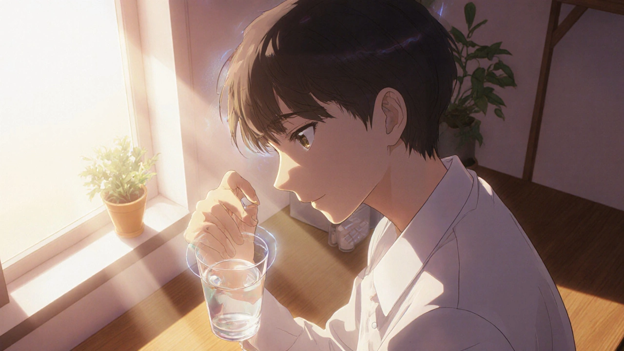 Teenage patient calmly taking medication at a sunny kitchen table, with a subtle aura over the head.