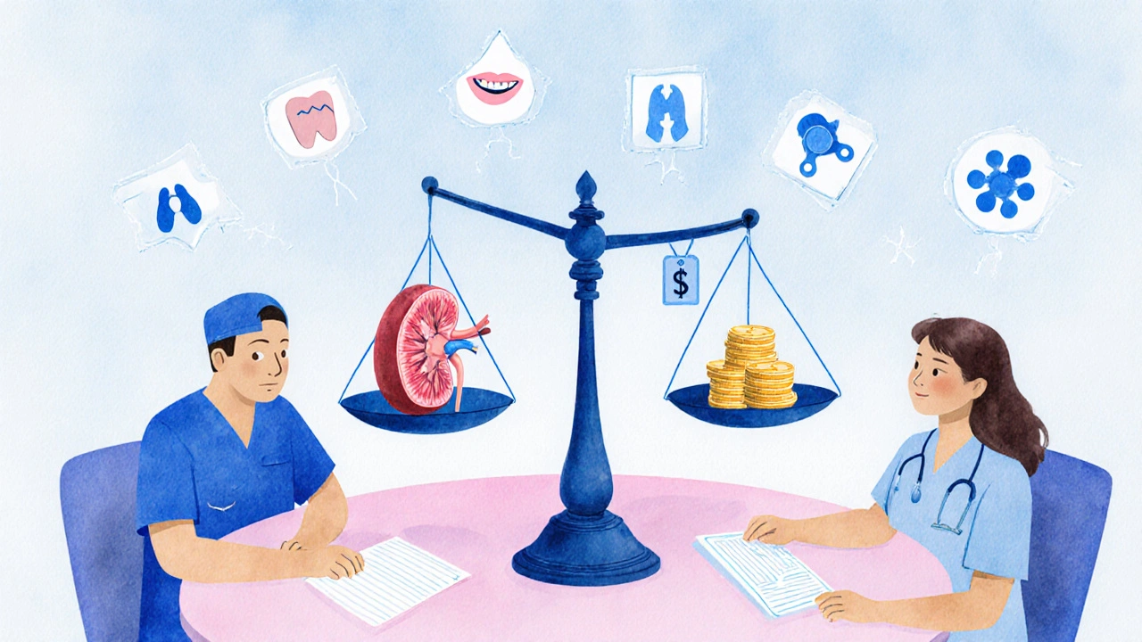 Transplant team at table with scale balancing kidney against money.