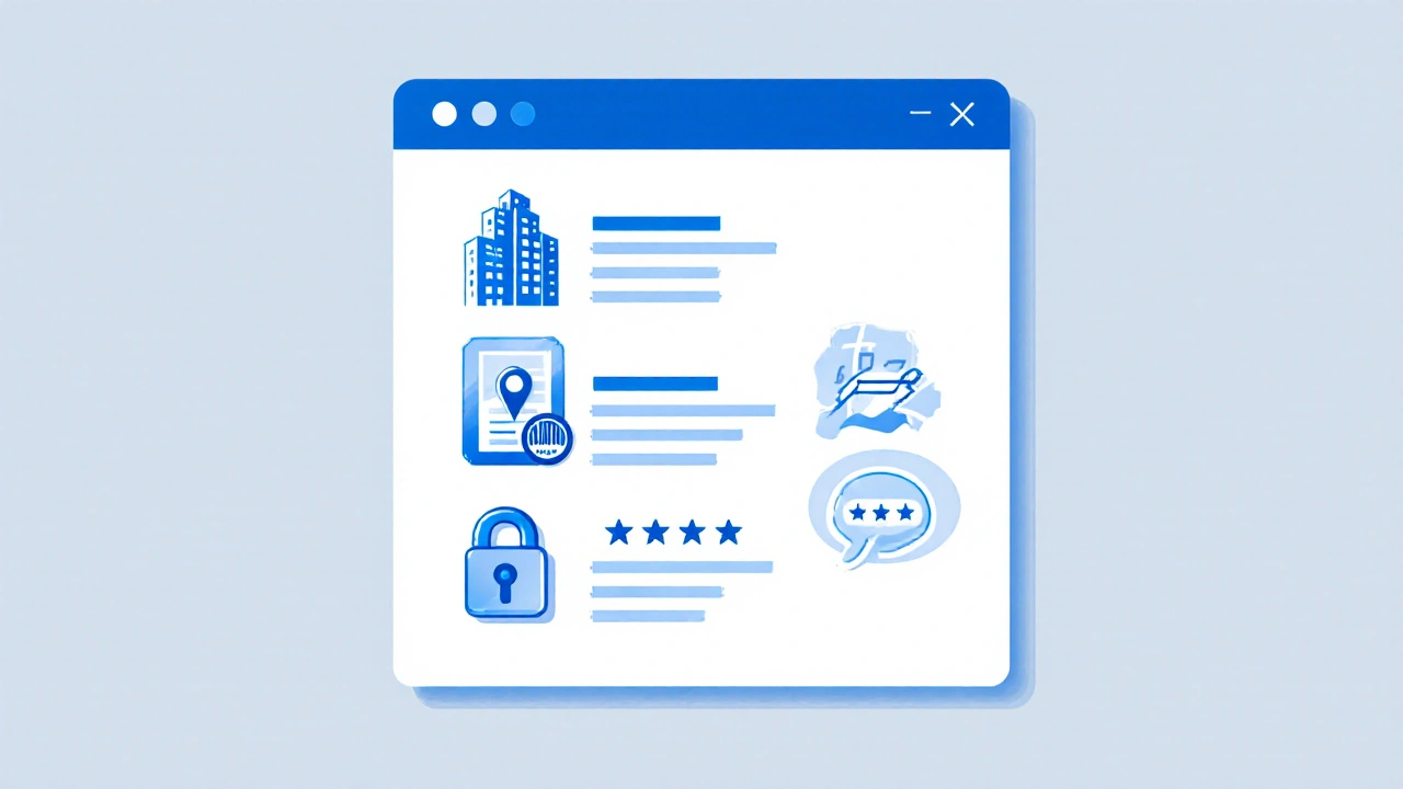 Vector icons showing address, FDA seal, prescription, padlock, and review stars.
