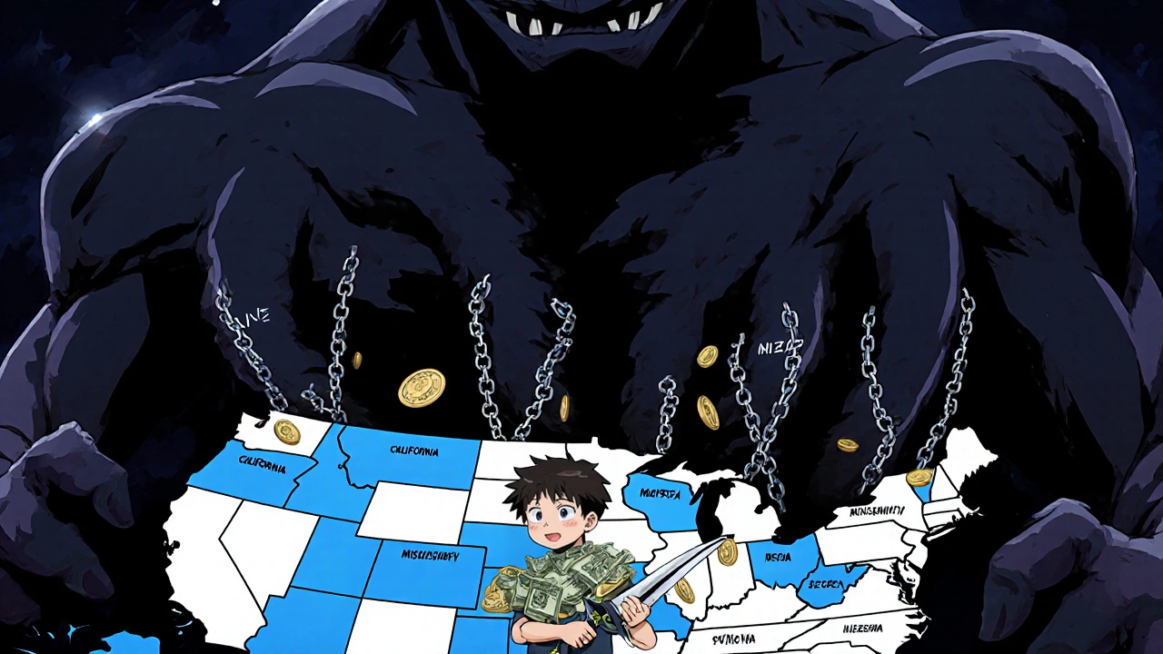 A giant PBM monster draining money from U.S. states, with a hero fighting back using cash and transparency.