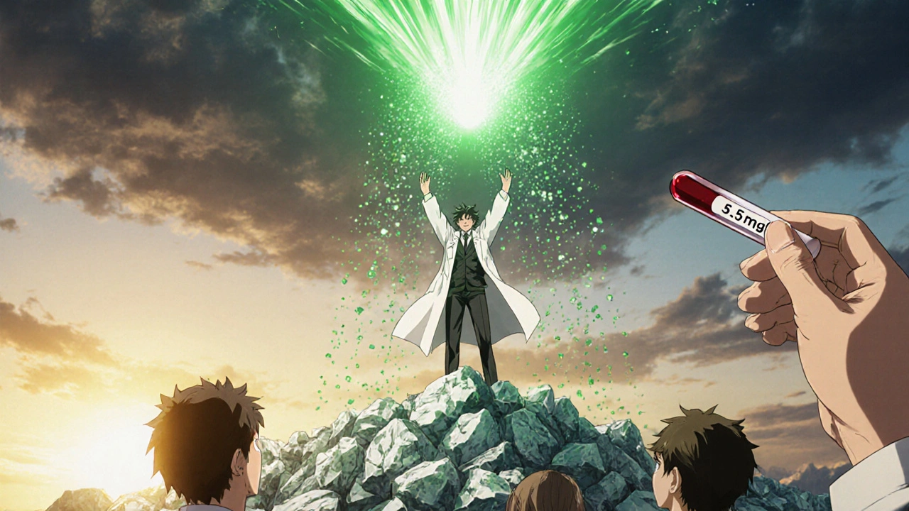 A hero unleashes pegloticase to dissolve tophi crystals, transforming uric acid into healing sparks under a sunrise.