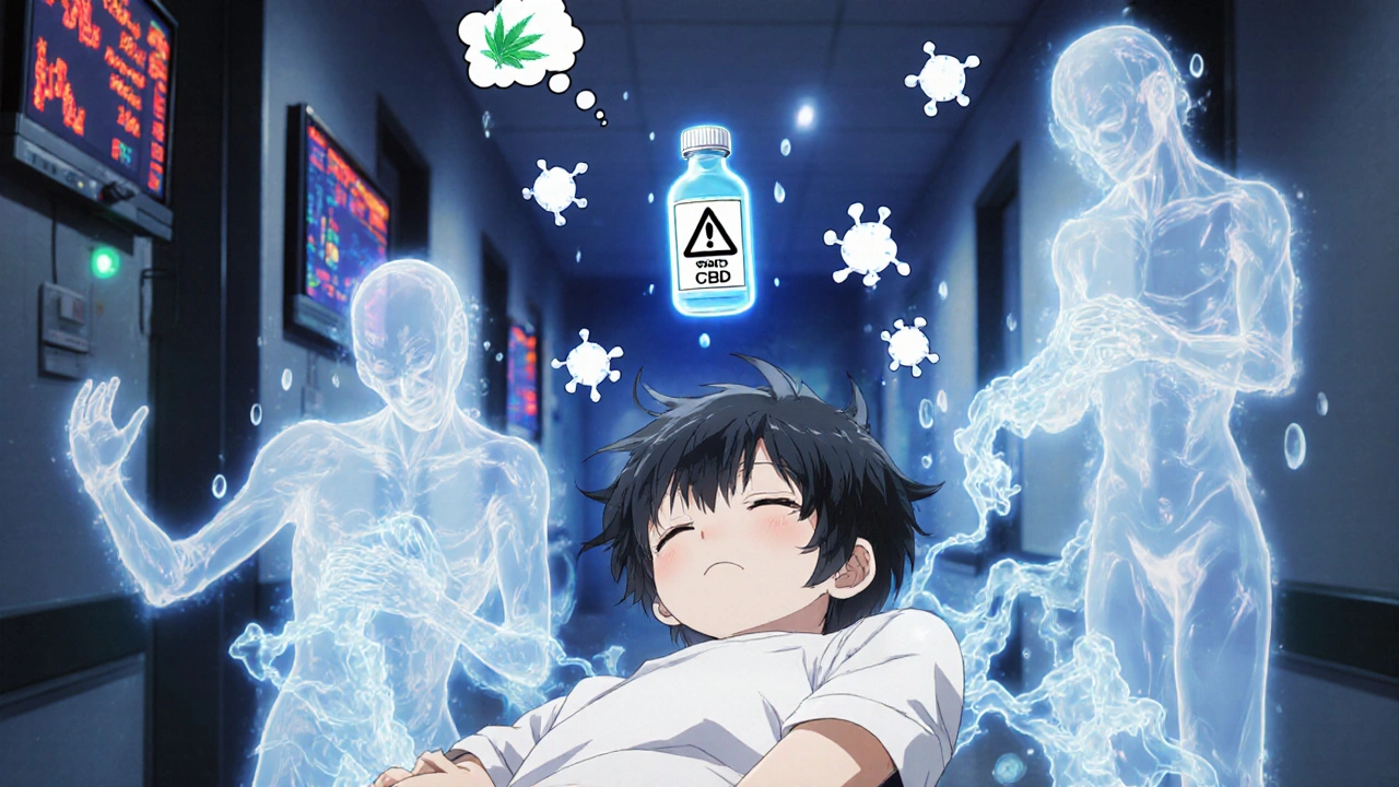 A patient collapsing from sedation as drug molecules surround them, glowing monitors flashing red.