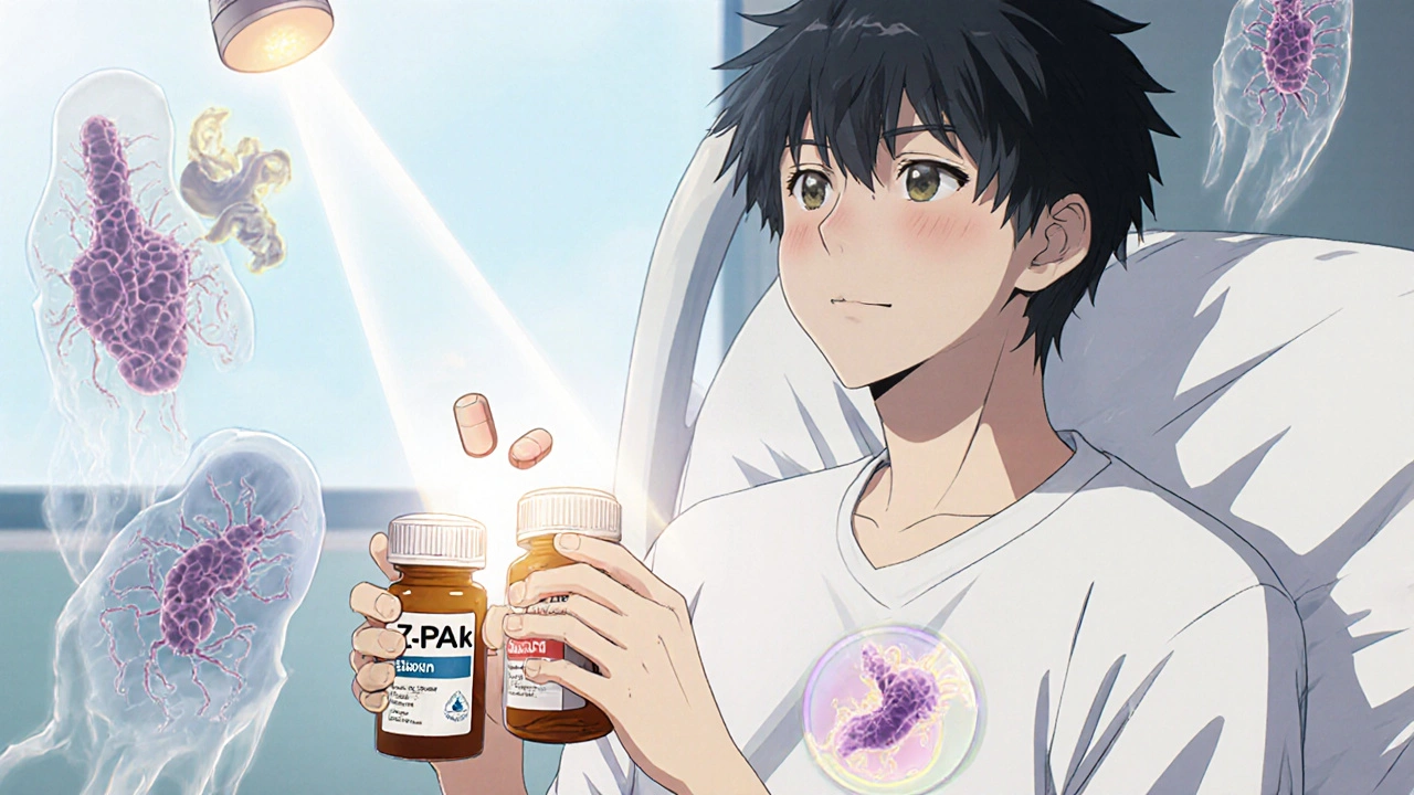 A patient holding two pill bottles, one with a single floating pill and another with two pills, one falling, as bacteria retreat in a hospital room.