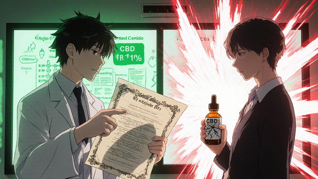 A pharmacist shows a CBD safety chart to a patient, split-pathway visual in anime style.